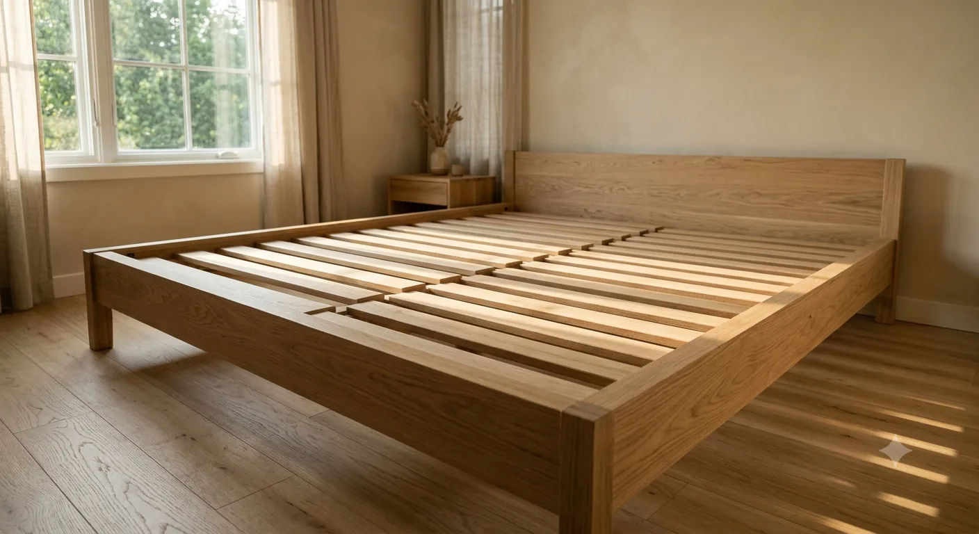 A wooden bed frame with a headboard, its solid wood slats running across the frame's width above the floor.