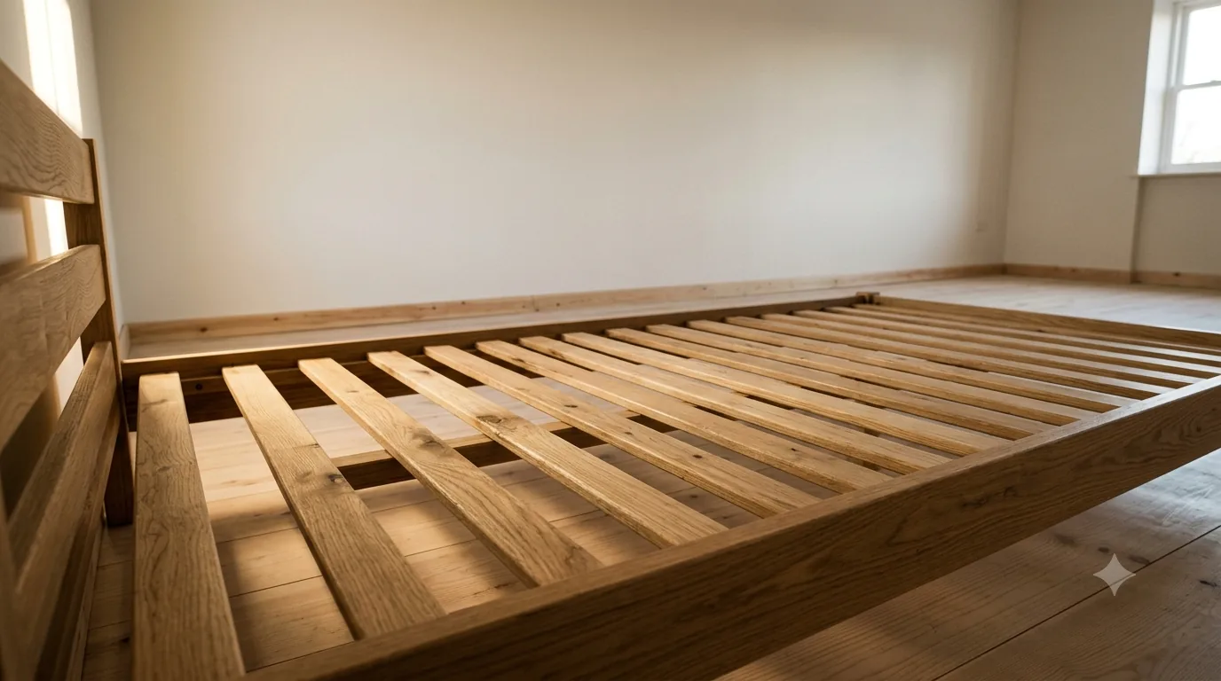 Close view along a wooden bed frame, its slats running across the frame with open gaps between them and a slatted headboard at the near end.