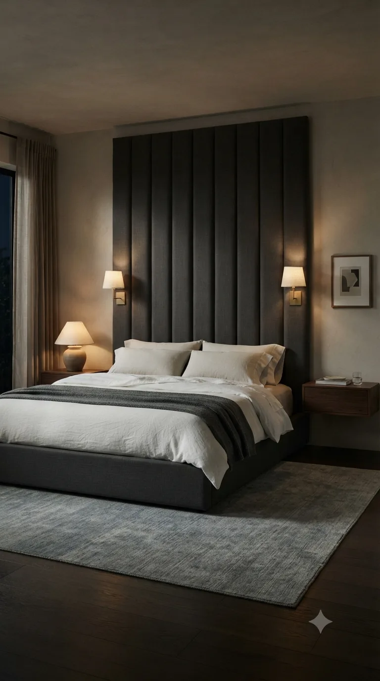 Dim bedroom with a channel-tufted charcoal headboard lit by the low warm glow of a wall sconce.